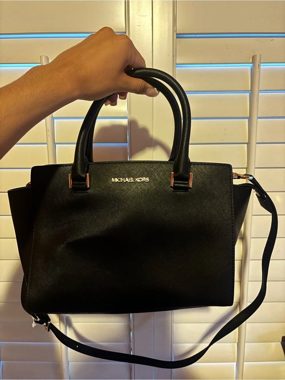 MICHAEL KORS Black Leather Satchel with Gold Hardware